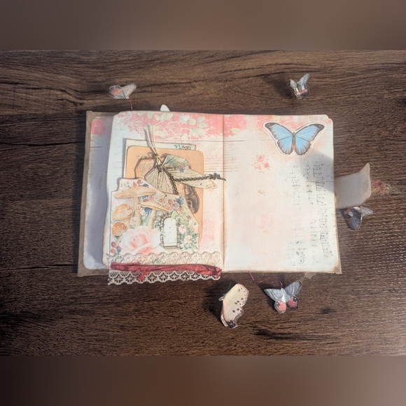 Butterfly Rustic Junk Journal- Handmade- Recycled Materials- Pink/Cream-Spring - Picture 4 of 8